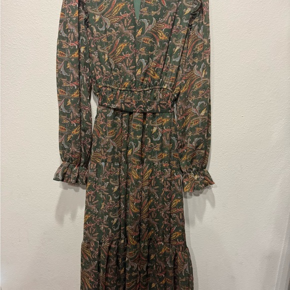 Moon River Long Sleeve Paisley Dress - Green and Brown - Picture 5 of 6